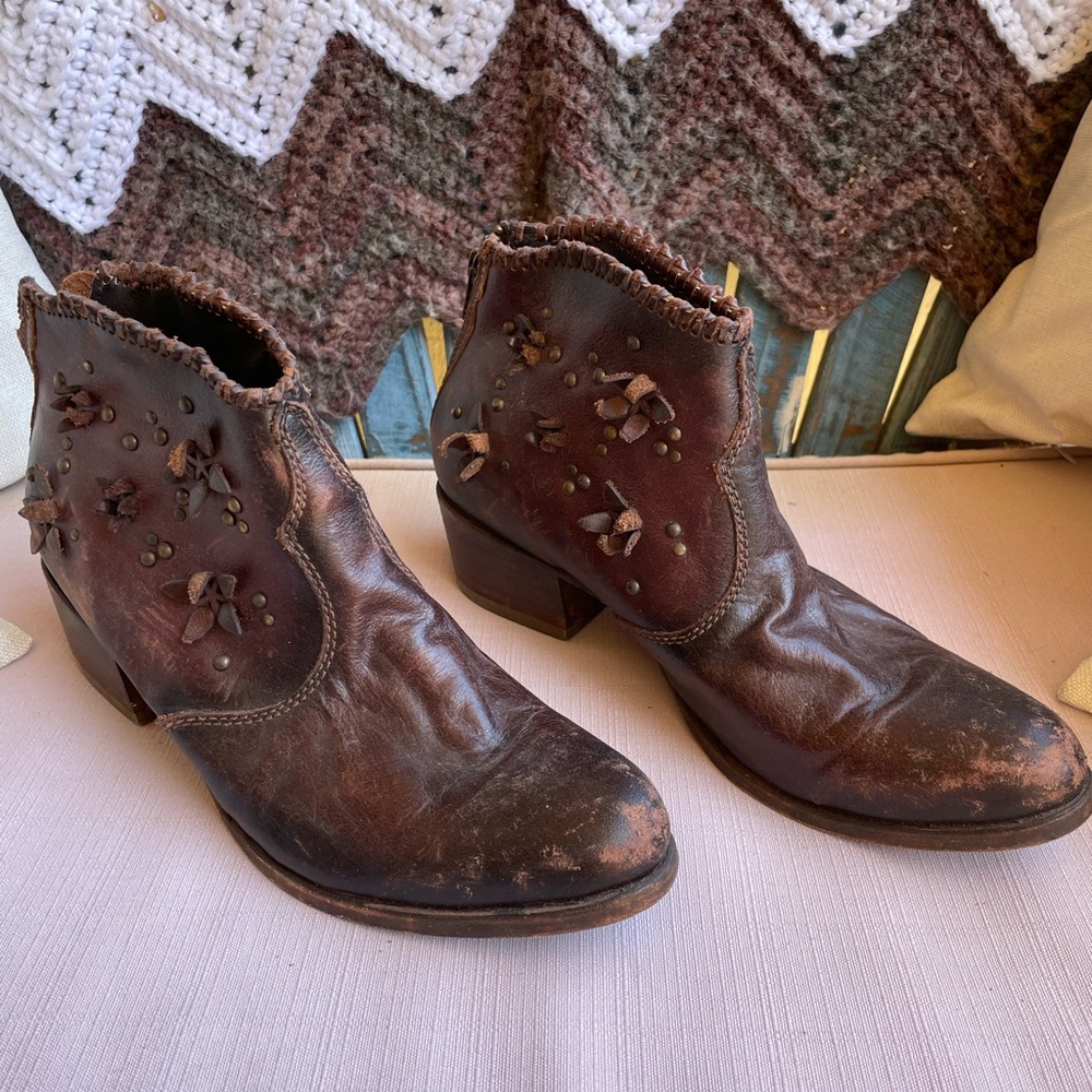 Liberty Black Brown Leather Ankle Boots with Floral Accents. Good used condition